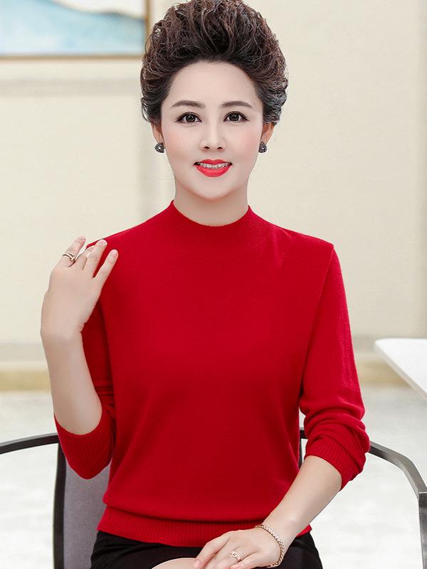 Women's 100% Pure Wool Sweater - Thick, Half High Neck for Middle-aged & Elderly, Autumn/Winter