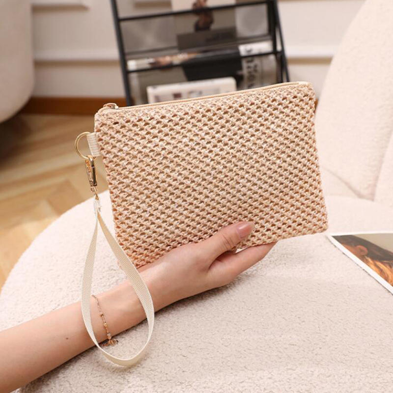 Fashion Straw Woven Bag For Women Hollow Out Beach Handbag With Wrist Strap Portable Phone Purse Solid Color Simple Cash Bag Summer Accessory
