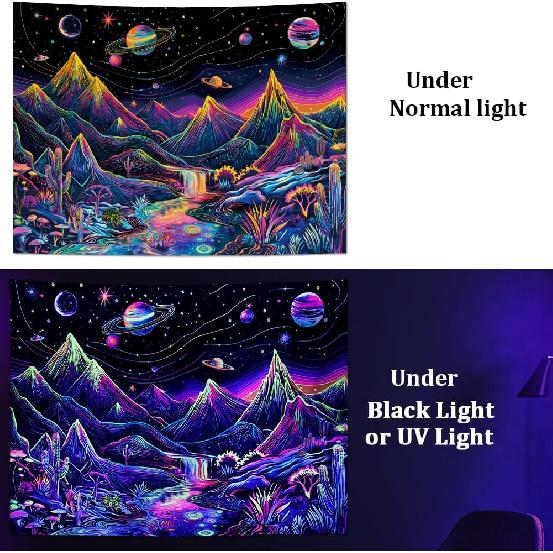 Leofanger Tapiz de montaña con luz negra, tapiz floral de plantas trippy, reactivo a los rayos UV, tapiz de pared con galaxia, planeta, cascada de