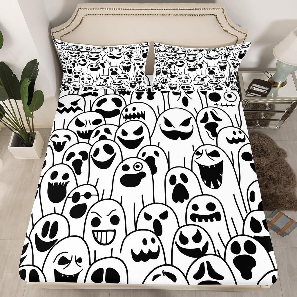 Halloween Cartoon Ghost Pattern Bed Hat Four-Piece Bedding Set Bedroom Dormitory Bedding Decoration
