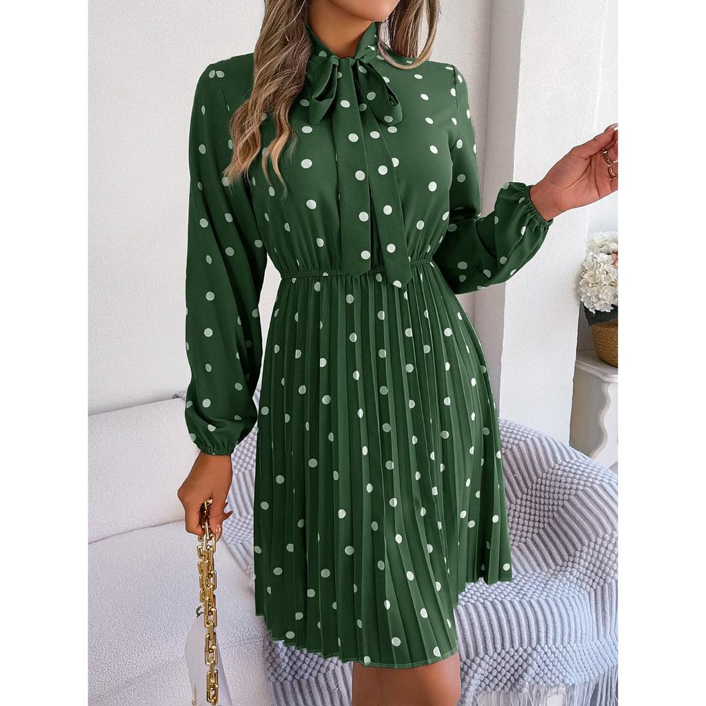 GMXIA Autumn and Winter Stylish Polka Dot Tie Waist-cinching Long-sleeved Pleated Skirt Women's Wear