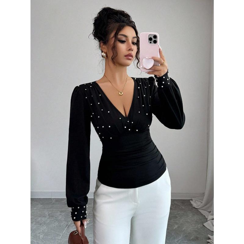DAFIFY Women's Fashion Casual Spring Autumn Polka Dot Print Long Sleeve V-Neck Blouses & Shirts