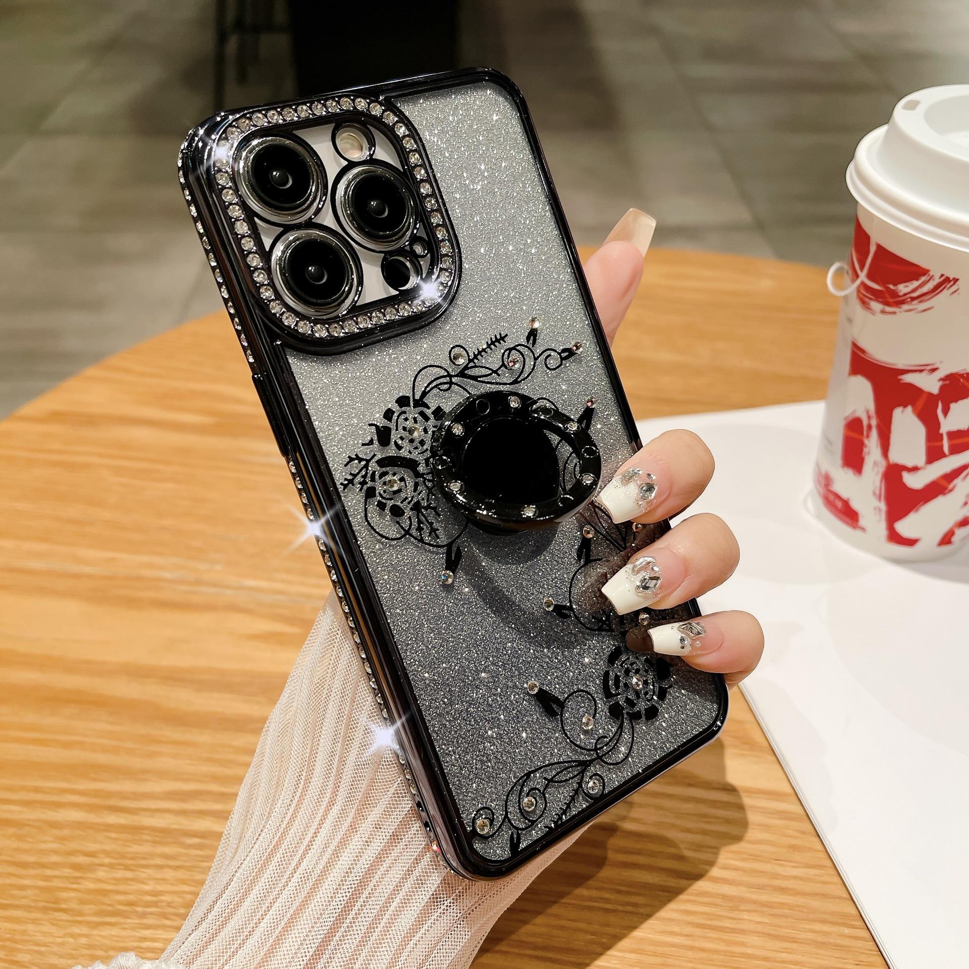 

Подставка с бриллиантовым блеском Вода подходит для чехлов iPhone15, Apple 14promax с полной защитой, противоударный 13, розовый 12 Apple 15 чёрный