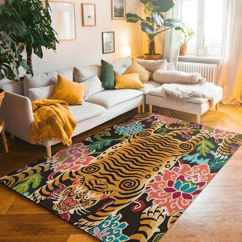 Tiger Artistic Pattern Vintage Inspired Vibrant Colors Playful Design Living Room Kids Bedroom Home Decoration Carpet Mat Rug
