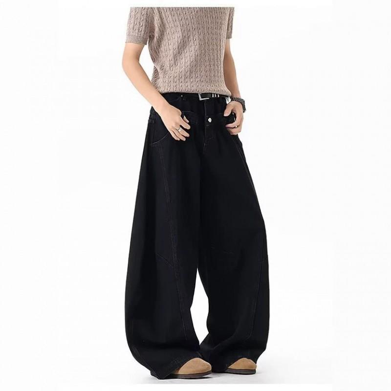 Unisex Vintage Letter Print Wide Leg Jeans Loose Fit Hip Hop Style Straight Cut Denim Pants Fall