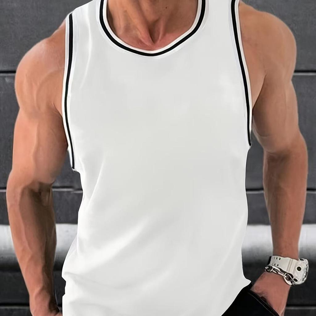 Men's Solid Color Sleeveless Round Neck Sports Fitness T-shirt, Outdoor Training Vest T-shirt