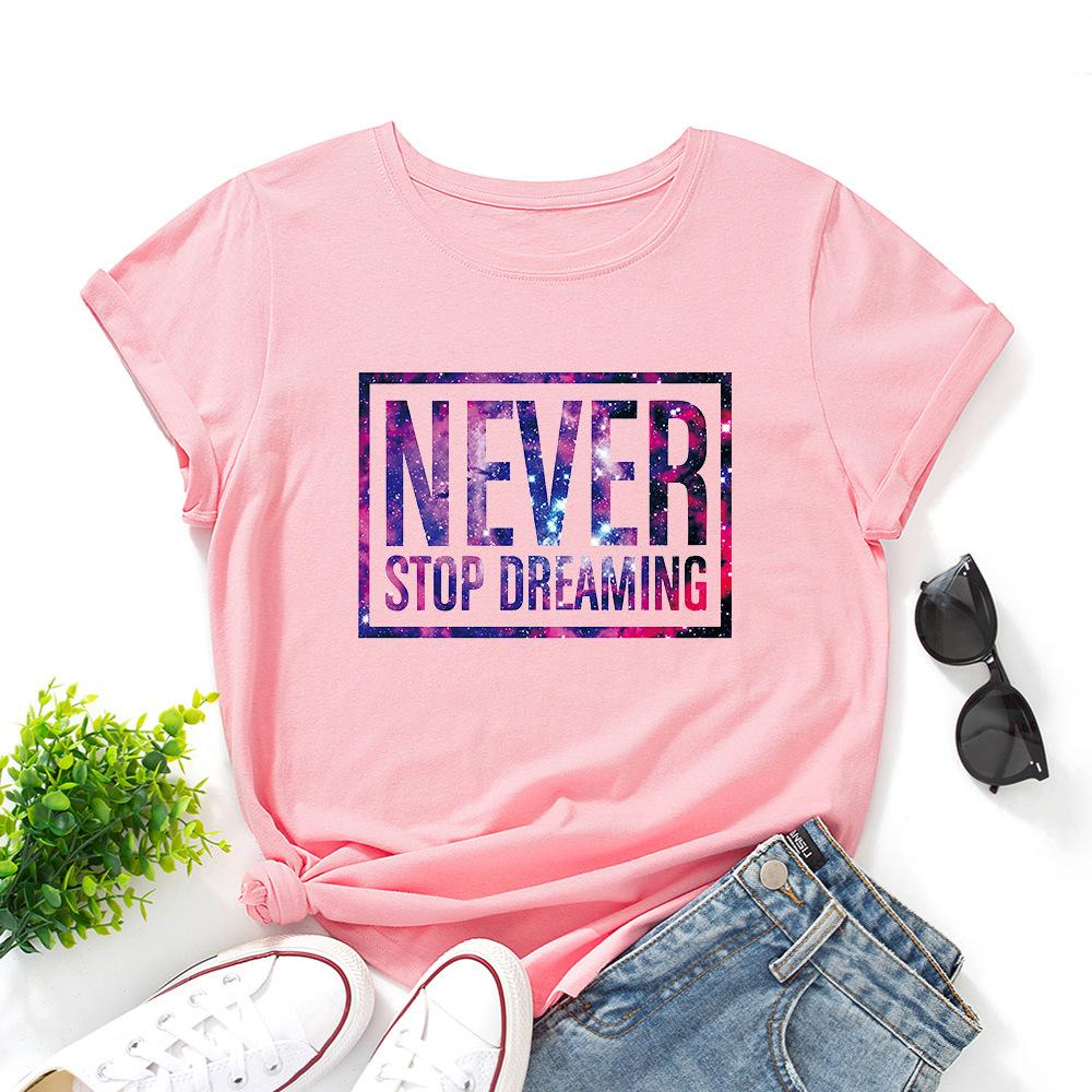 Inspirational Letter Print Cotton Loose Round Neck Short Sleeved Women's T-shirts