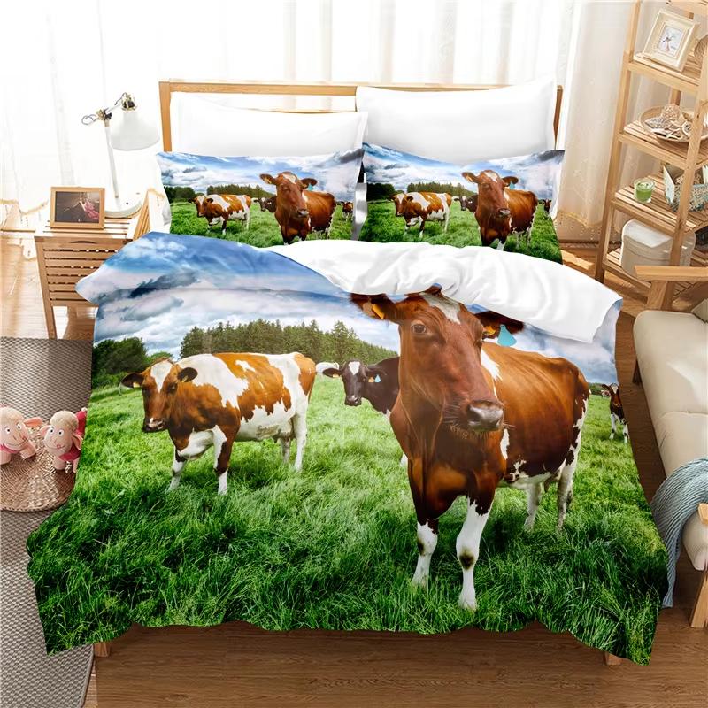 Melkkoe Dekbedovertrek Westerse Boerderijdier Dekbedhoes Cartoon Beddengoed Set King Queen Twin Boerderij Beddengoed Set Kawaii Kamerdecoratie AU Single(140*210cm)3pcs