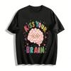 Cute Kiss Your Brain Print Casual Tee Funny Brain Graphic Top Pure Cotton T-shirt