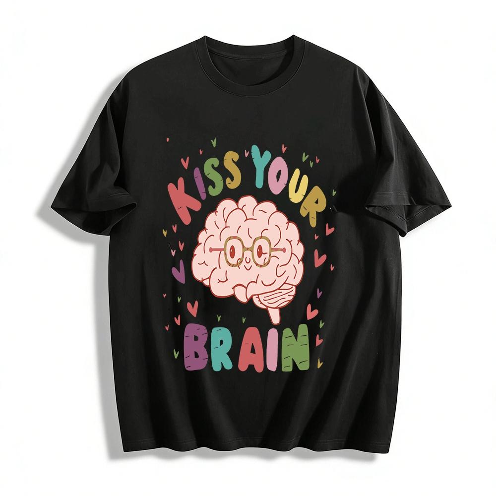 Cute Kiss Your Brain Print Casual Tee Funny Brain Graphic Top Pure cotton T-shirt XXS