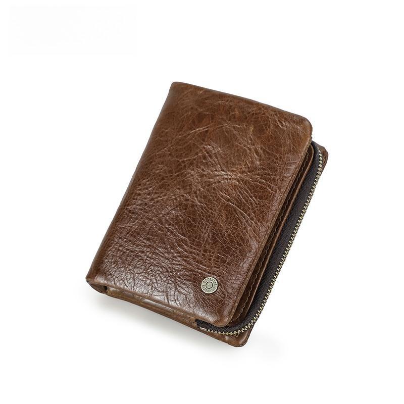 Men Genuine Leather Bifold Short Wallet RFID Blocking Zipper Coin Pocket