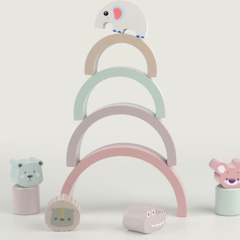 Colorful Wooden Rainbow Animal Building Blocks Educational Toy For Children Ages 4-6