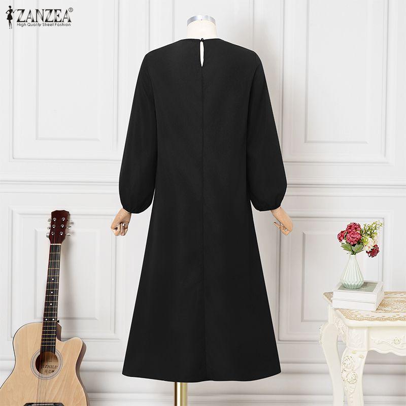 ZANZEA Women Casual Round Neck Long Sleeve Patchwork Long Dress