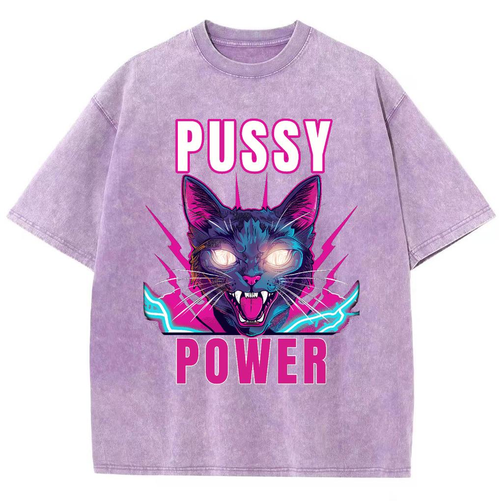 T-shirt imprimé chat Pussy Power pour femme, col ras du cou, manches courtes, style streetwear, unisexe