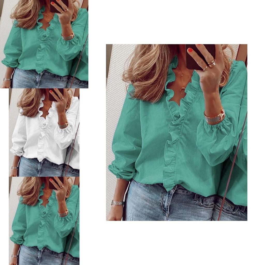 Eleganti Camicette da Donna a Manica Lunga con Scollo a V Arricciato e Opzioni Taglie Forti