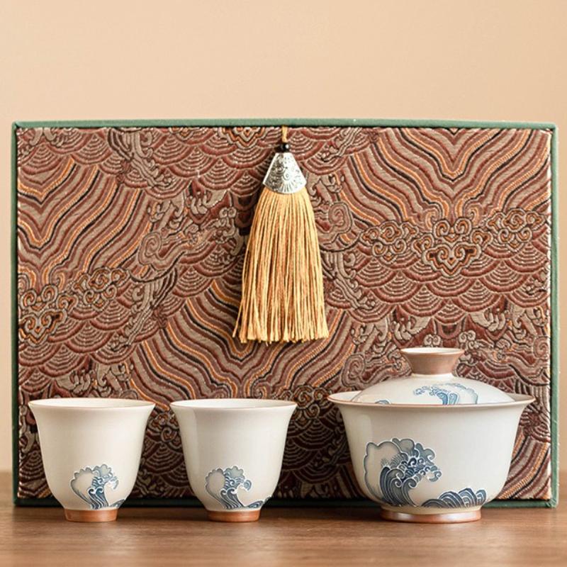 Pile Carved Wave Gaiwan Hand-painted Ceramic Tea Tureen Chinese Kung Fu Tea Brewing Bowl Teaware Master Cup Teacups Gift Box