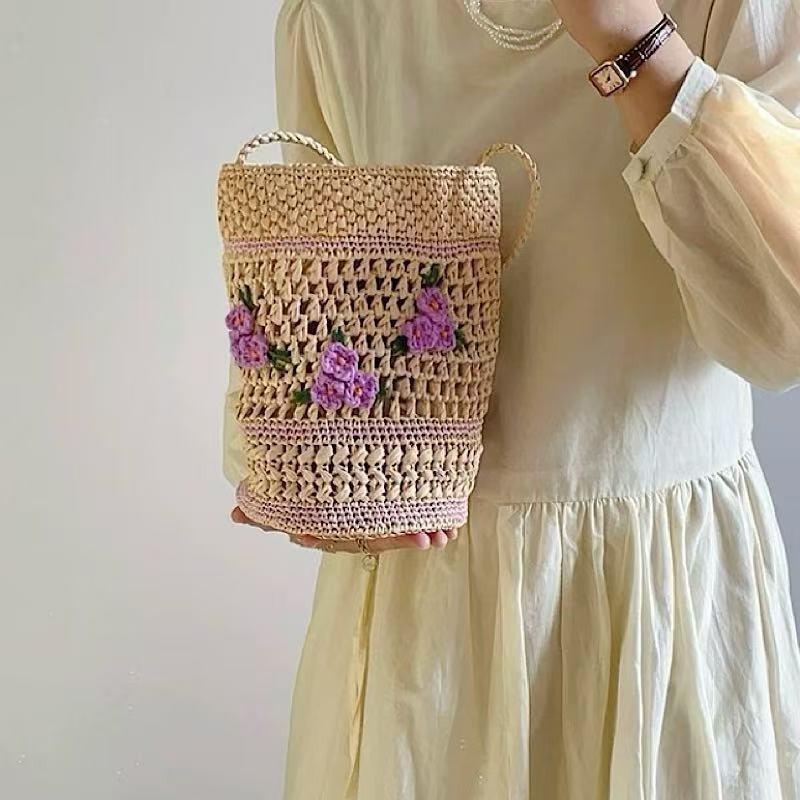 Natural Grass Flower Embroidery Straw Woven Bag Single Shoulder Small Purple Seaside Vacation Beach High-end