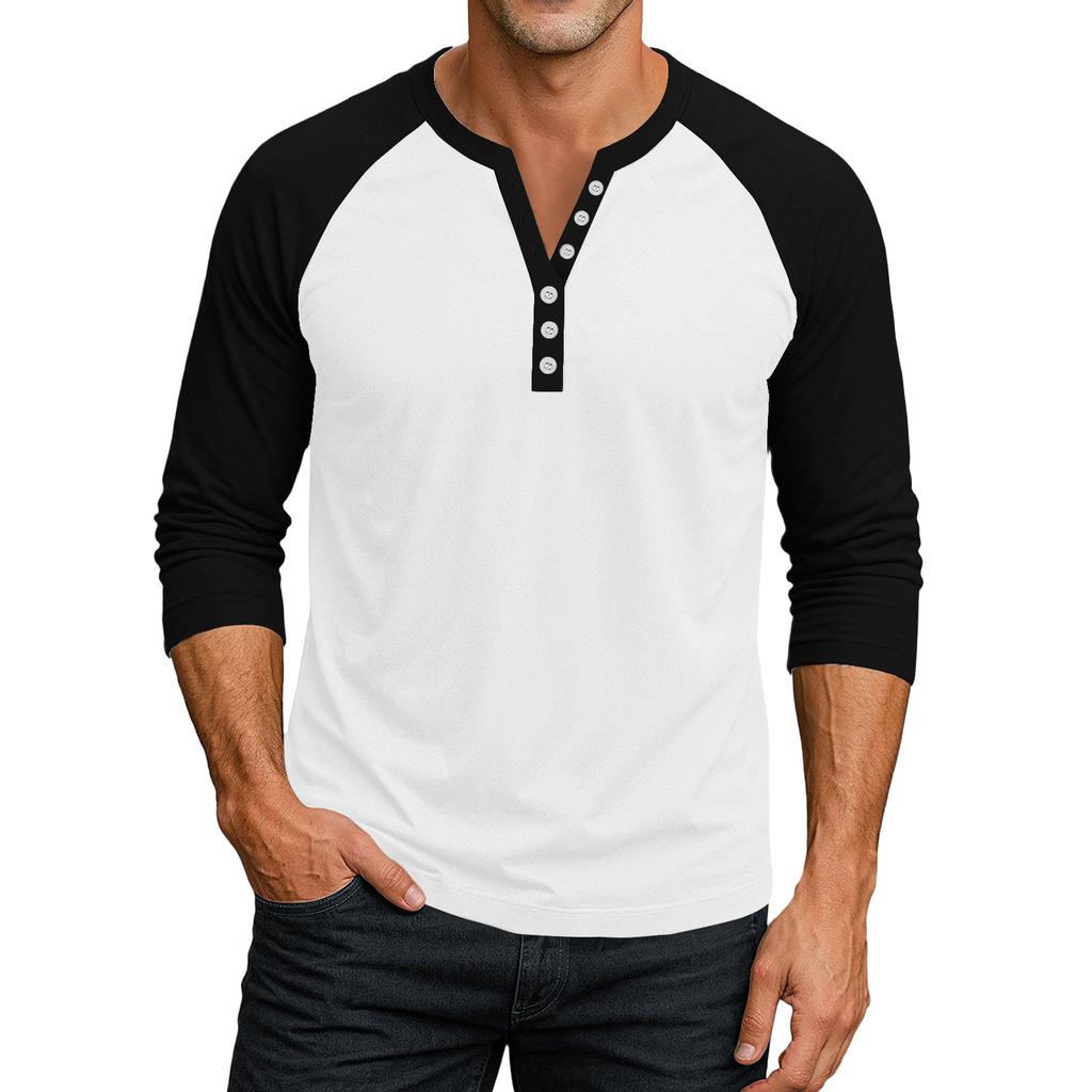 Men's Button-Down Contrast Raglan 3/4 Sleeve Top