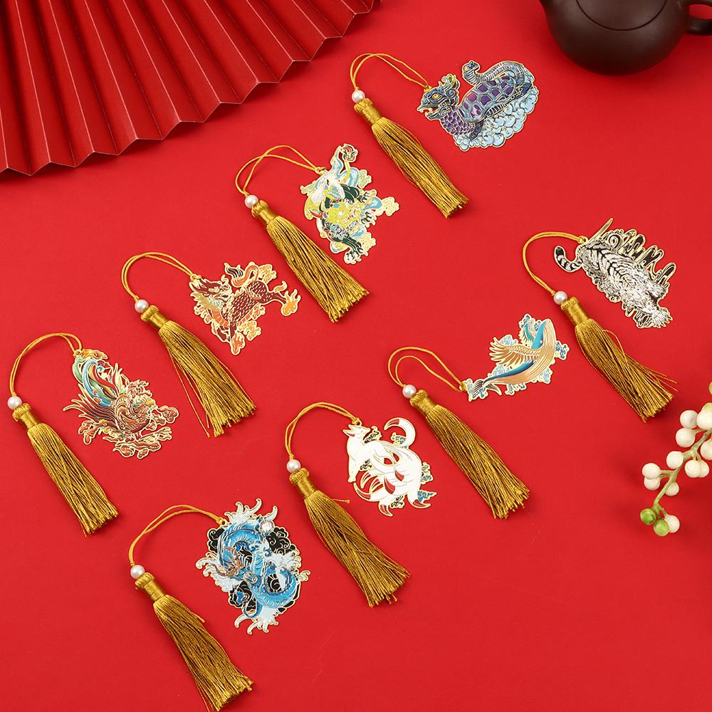 Student Gift Tassel Dragon Tiger Pendant Metal Pagination Mark Book Clip Painted Brass Bookmark