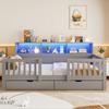 Letto per Bambini, 90 x 200 cm – Testiera Alta con Sponda di Sicurezza, Cassetti, Mensole e Illuminazione a LED, Grigio
