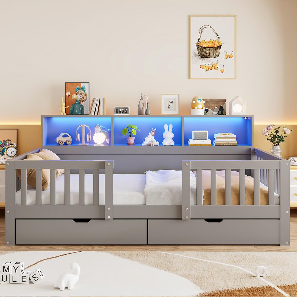 Letto per Bambini, 90 x 200 cm – Testiera Alta con Sponda di Sicurezza, Cassetti, Mensole e Illuminazione a LED, Grigio