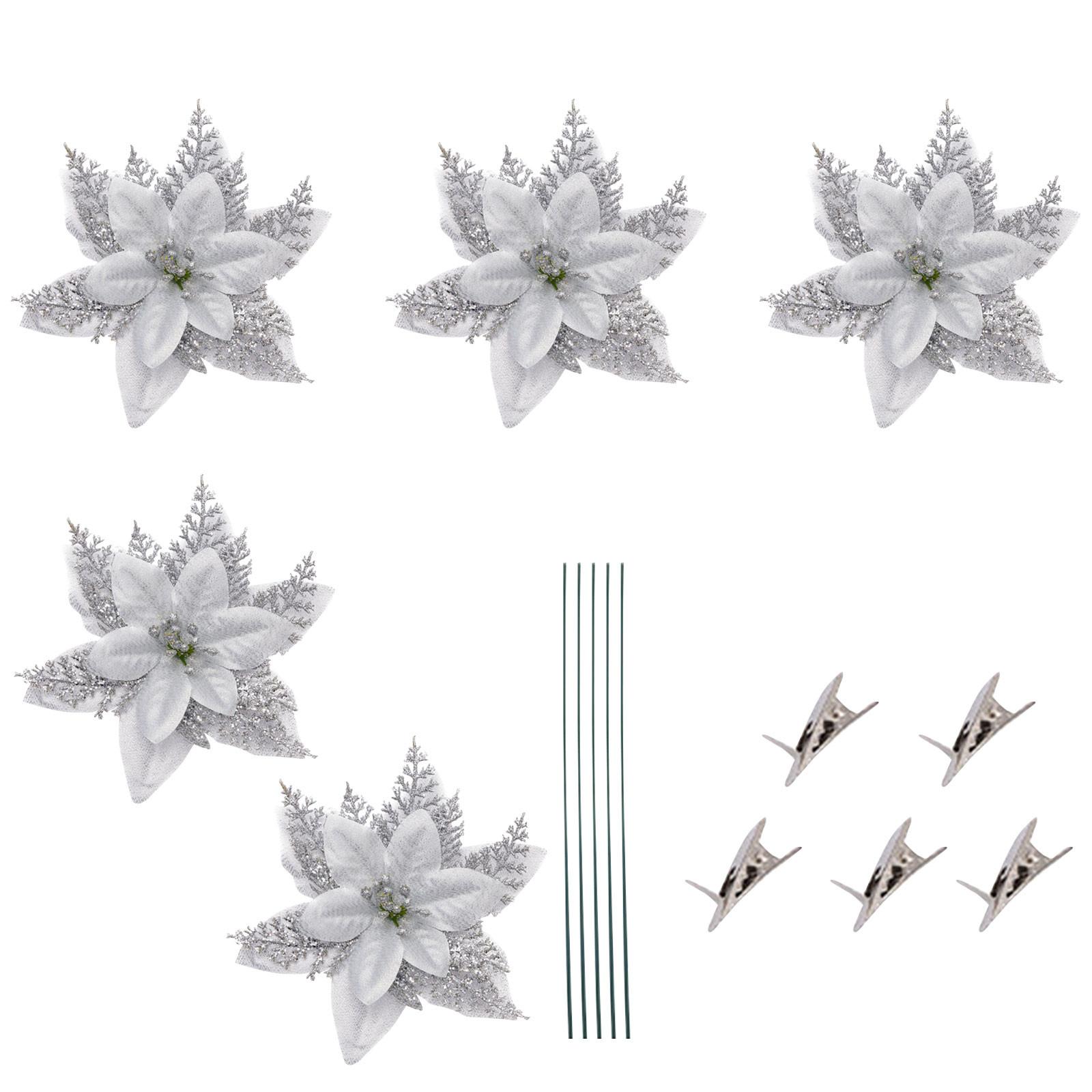 

Блестящие рождественские цветы, искусственные цветы, веселые рождественские украшения, украшения для дома, елочные украшения, 5 шт. One Size серебряный