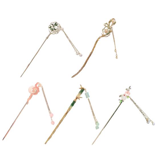Hanfu Hair Stick Chinese Style Floral Women Hairpins Beads Tassel Decor Hair Fork Medium To Thick Hair Bun Accessories