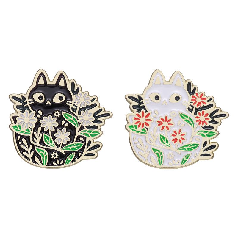 Black Playful And White Cat Badge Stylish Animal Brooch For Trendy Clothing Accessories And