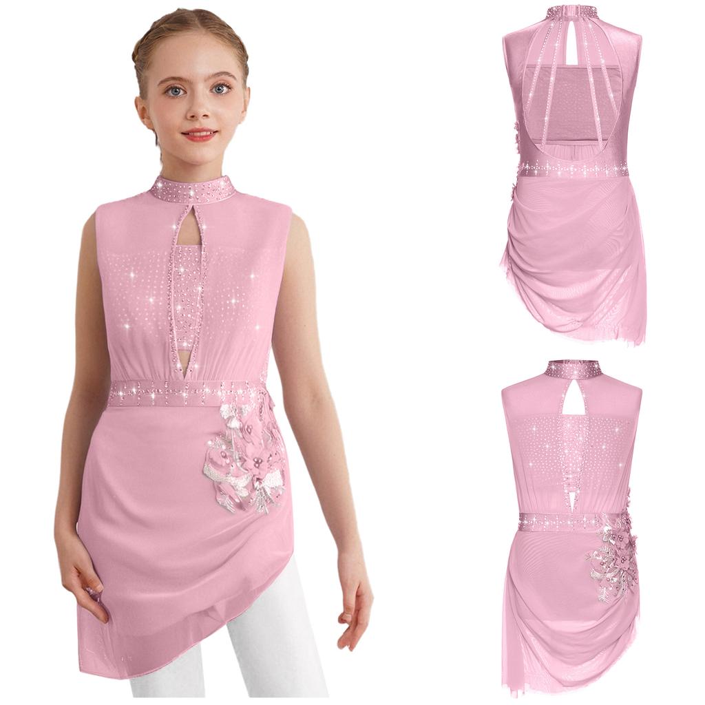 Girls Asymmetrical Skating Dress Sleeveless Backless Cutout Sheer Mesh Overlay Rhinestone Applique Competition Dance Costume