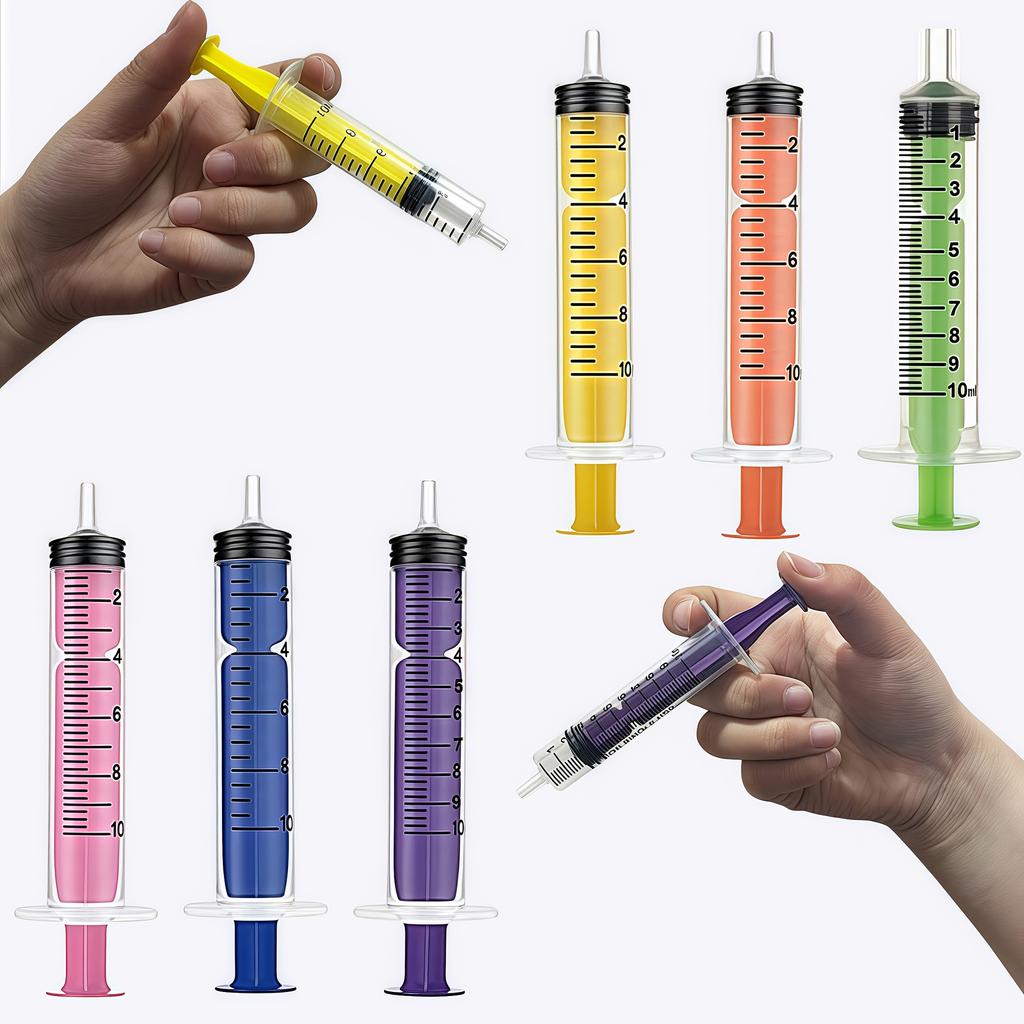 6 Pieces of 10ml Colored Syringe with Caps, Suitable for Glue, Liquid Distribution and Measurement, Pet Food Feeding, Refilling Ink Cartridges, Etc.