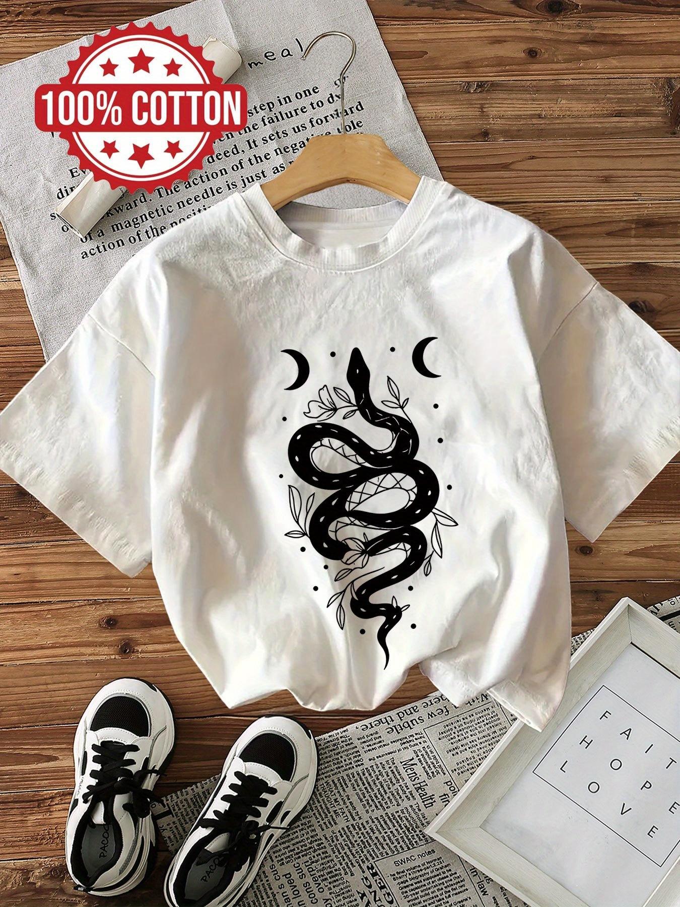 [Circle]Dark Style Snake Flower Moon Print Short-sleeve Round-neck Pure T-shirt S разноцветный