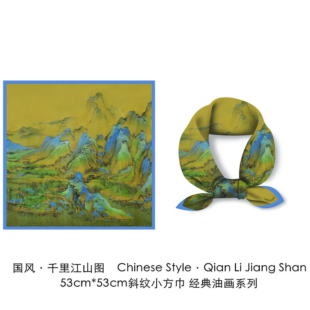 53CM Twill Silk Scarf Woman Mountain Painting Square Scarves Wraps Bandana Small Hijab Silk Foulards Tie Headband Neckerchief