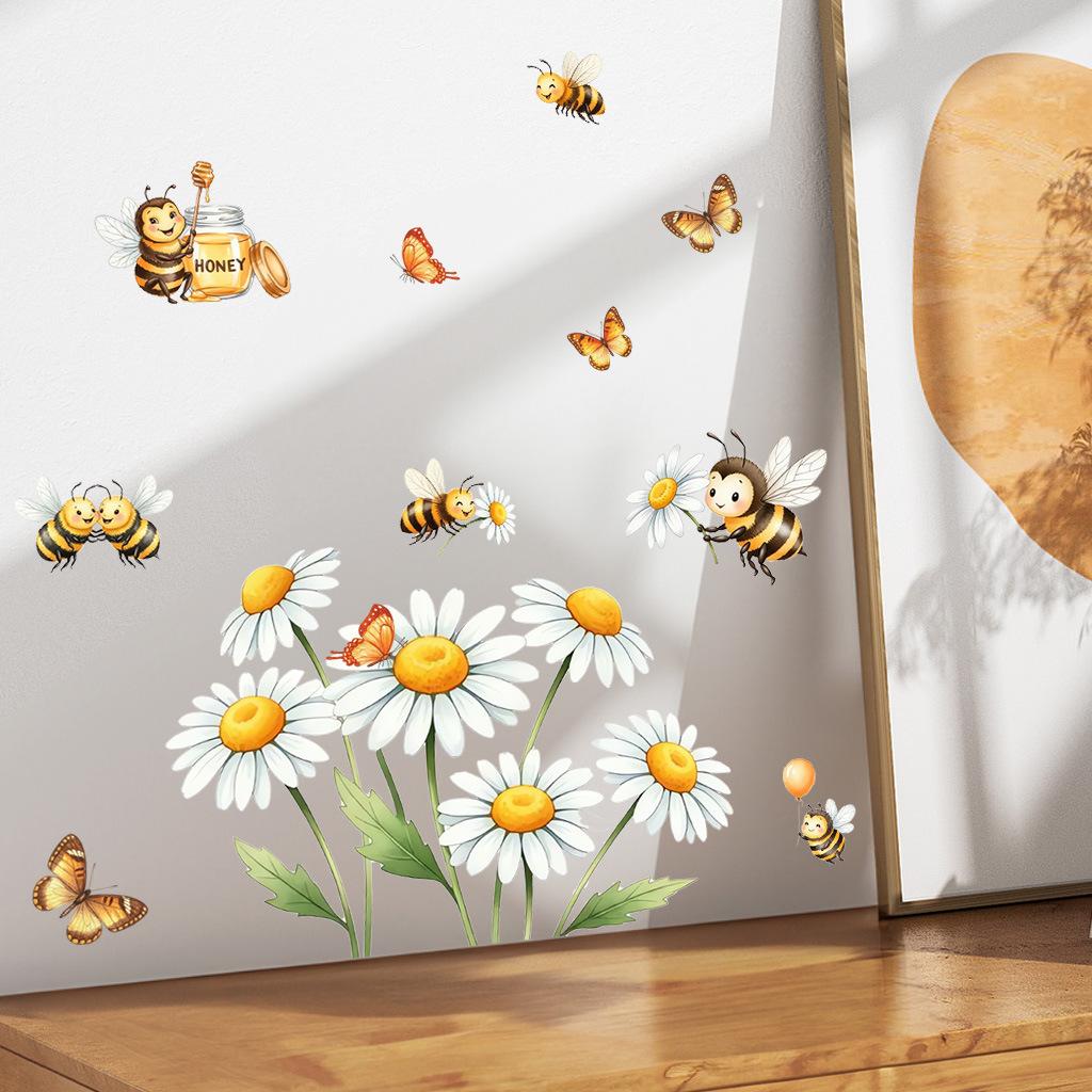Daisies Flowers and Butterfly Bee Party Wall Stickers, Removable Anti-Static Self-Adhesive Vinyl Decals for Kids Room Living Room Bedroom Decoration