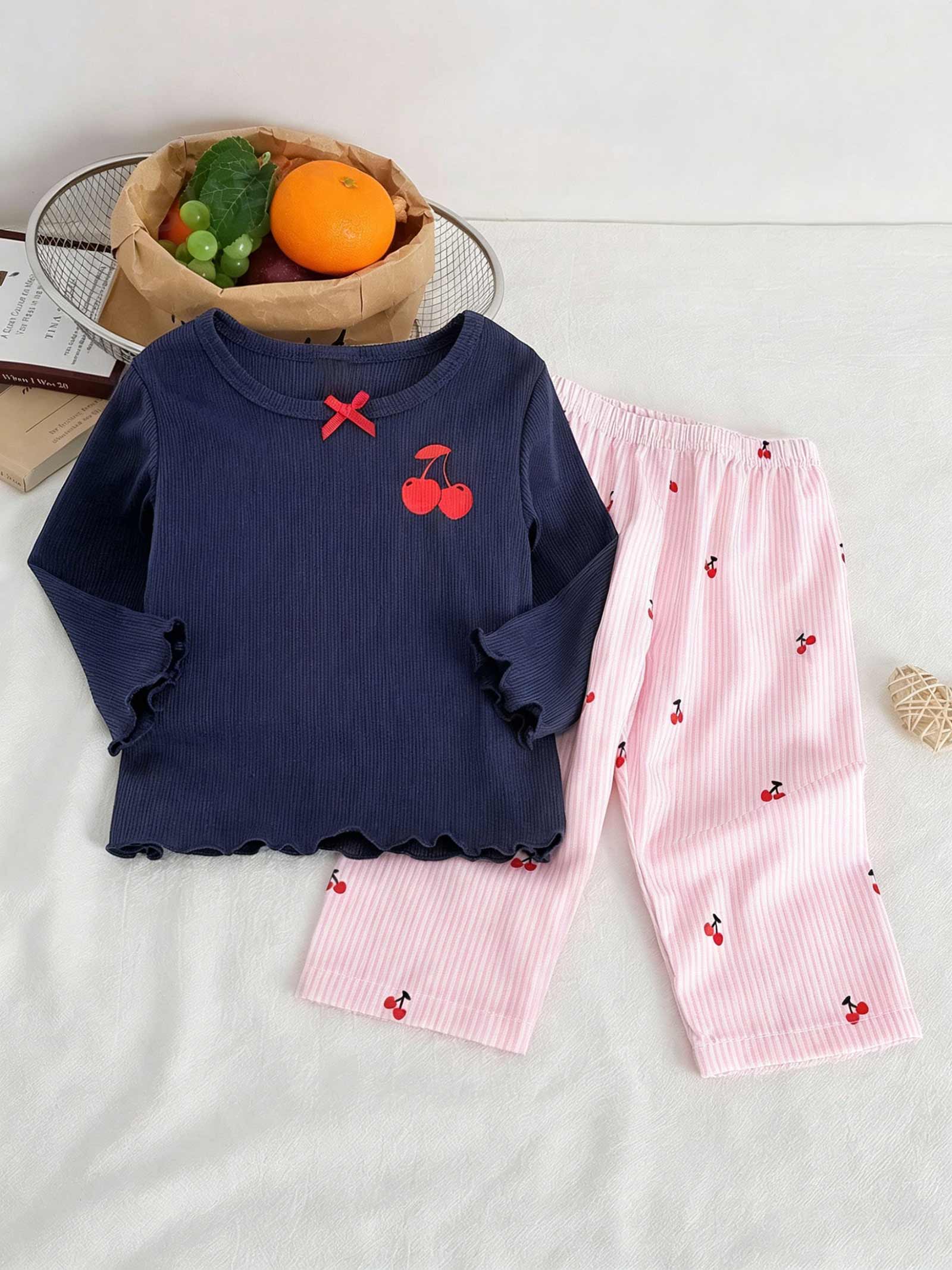 Girls Cherry Print Pajama Set, Long Sleeve Ribbed Top & Striped Pants, Soft Sleepwear for 6M-3Y 6-9M разноцветный