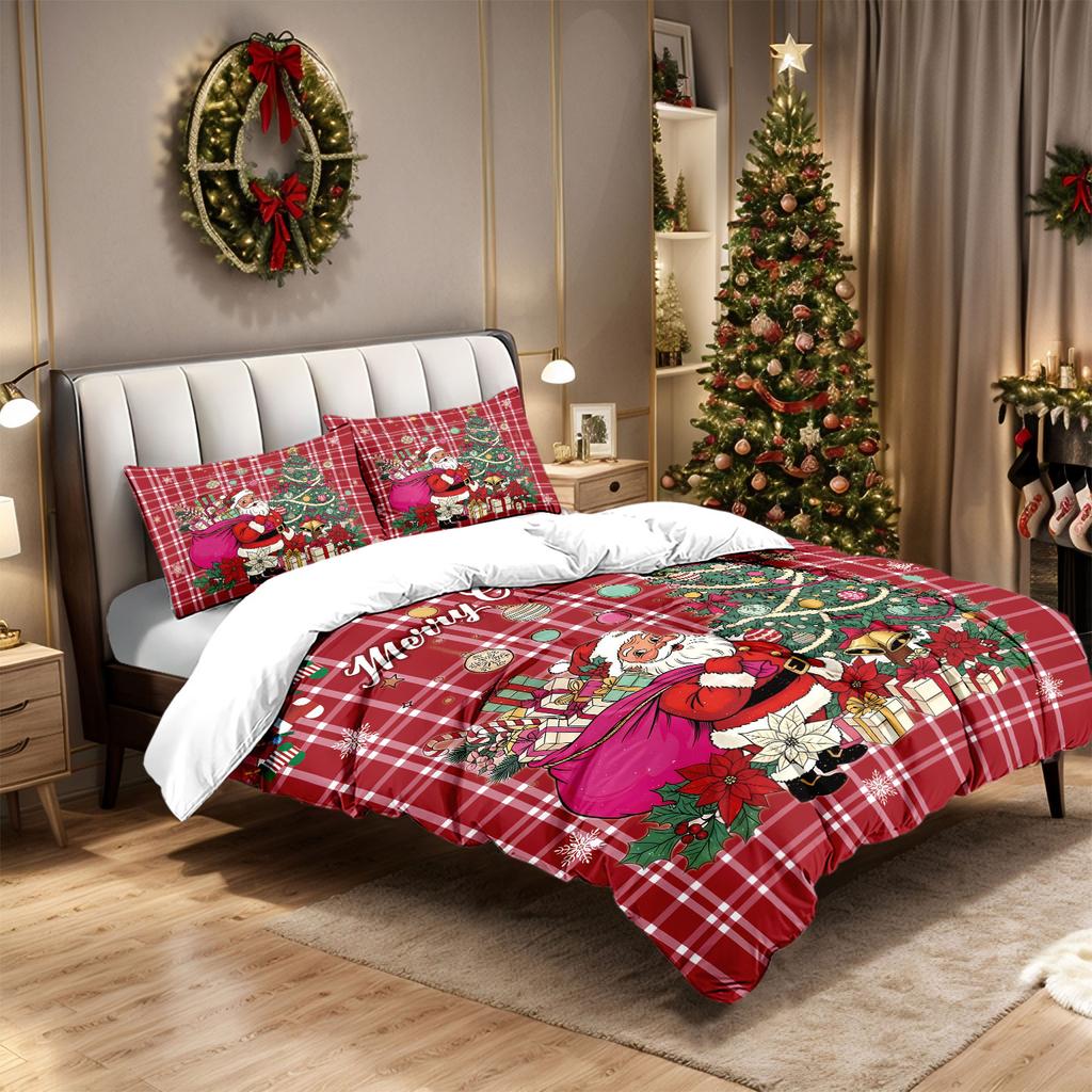 3Pcs Red Santa Claus Print Coreless Duvet Cover Set Multi Size Bedroom Holiday Bedding Decoration Soft Machine Washable