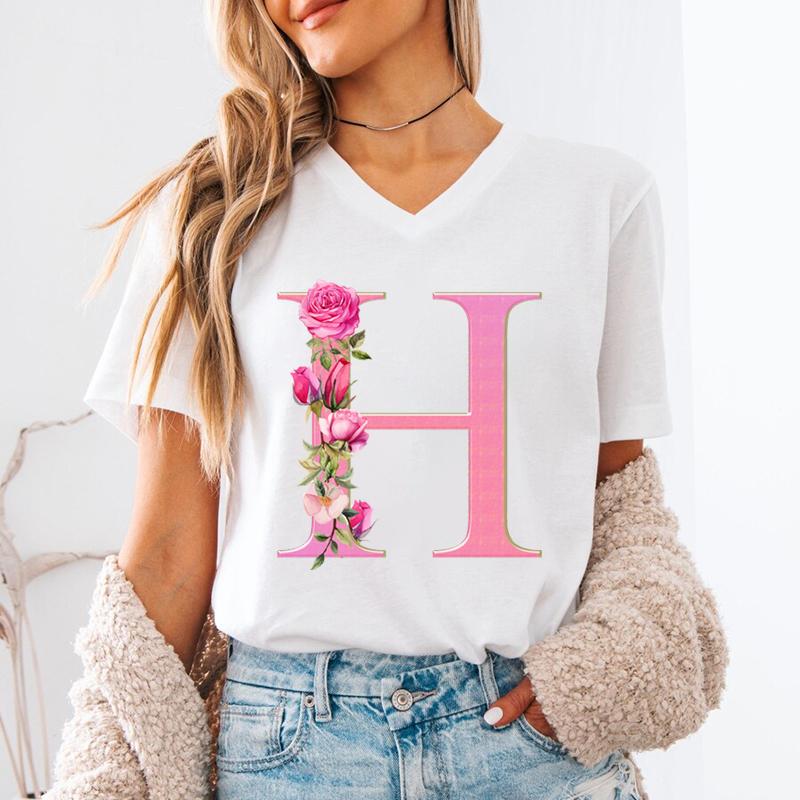 Floral Initials Unisexs Vneck Tshirt Az 26 Alphabet Fashion Casual Tops Pink Flower Short Sleeve Tee Letter S Floral Gift Top