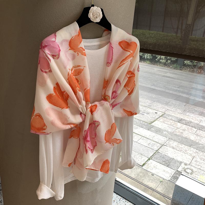 Elegant Temperament Flower Silk Scarf Women'S Summer Travel Sunscreen Shawl Ethnic Style Thin Cotton And Linen Scarf Shawl Silk Scarf