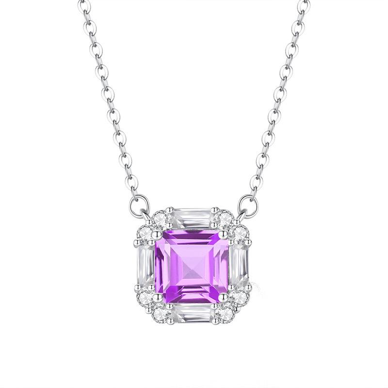 

S925 Silver Necklace with Natural Amethyst/Citrine Pendant, Clear Crystal Choker for Women 925 silver