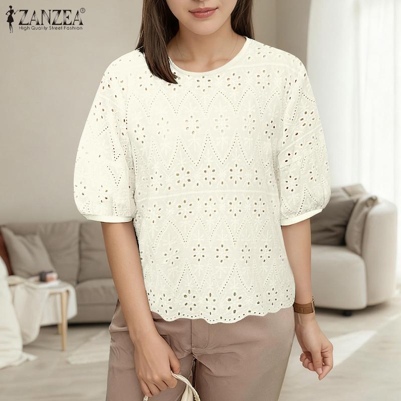 ZANZEA Women Casual Round Neck Short Sleeve Embroidery Crochet Patchwork Blouse