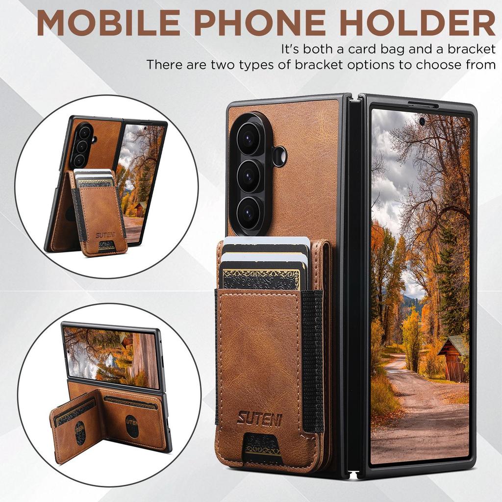 SUTENI Leather Case for Samsung Z Fold 7/6/5: Oil Wax Texture with Elastic Band, Card Slot & Stand