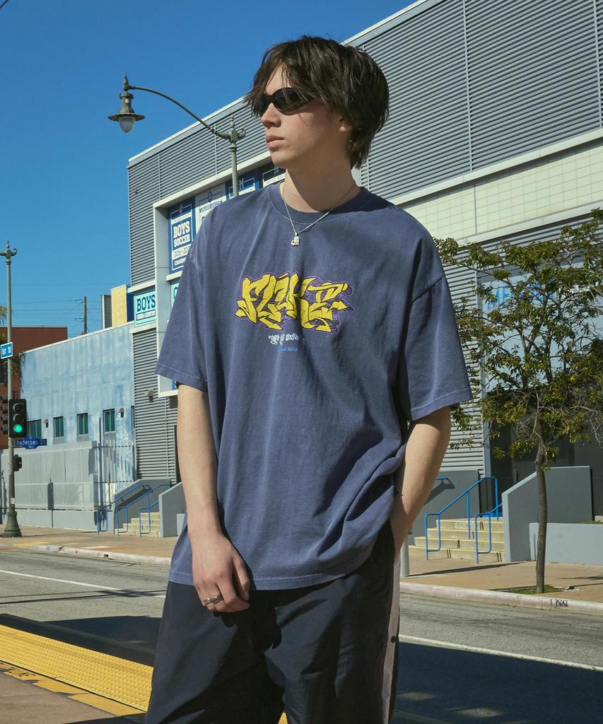 Peullukeu Crack Graffiti Logo Pigment Short Sleeve T-Shirt Light Navy Fst731