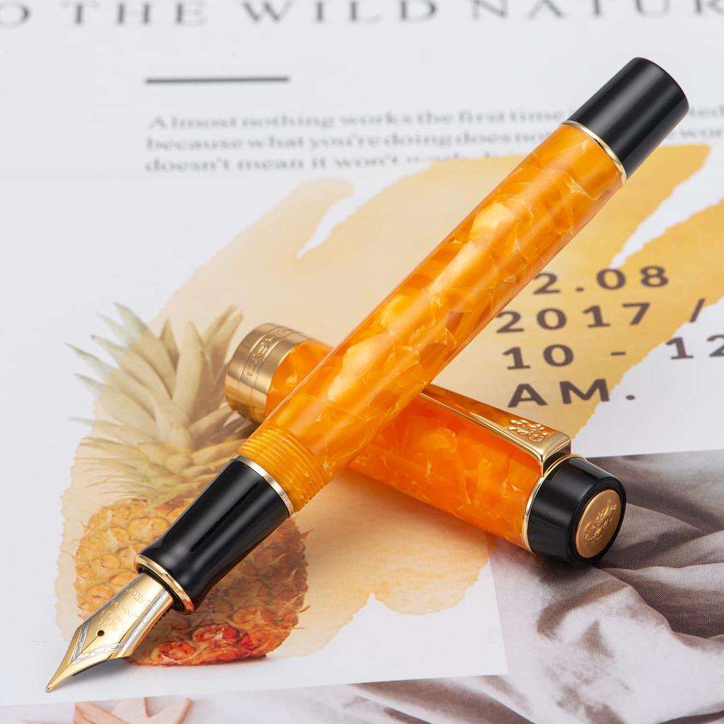 Jinhao 100 Classic Fountain Orange Marble Medium with Converter and Pen Case Set (Jinhao) Pen, Celluloid, Nib,