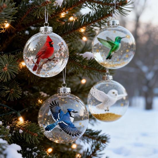 Nature's Birds Crystal Glass Ornament Clear Plastic Bird Christmas Ball Ornament Xmas Tree Memorial Gifts for Holiday Indoor Home Decor