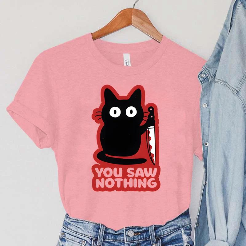 Womens TShirts YOU SAW NOTHING Print Clothing Harajuku Tops Animal Cat Short Sleeve TShirts Vintage Knife Print Women TShirts S