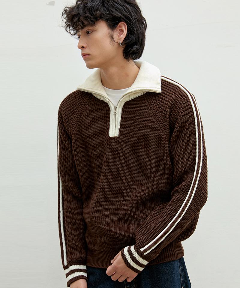 Nod You High-Neck Half-Zip Track Line Contrast Collar Hacci Knit [Brown] M