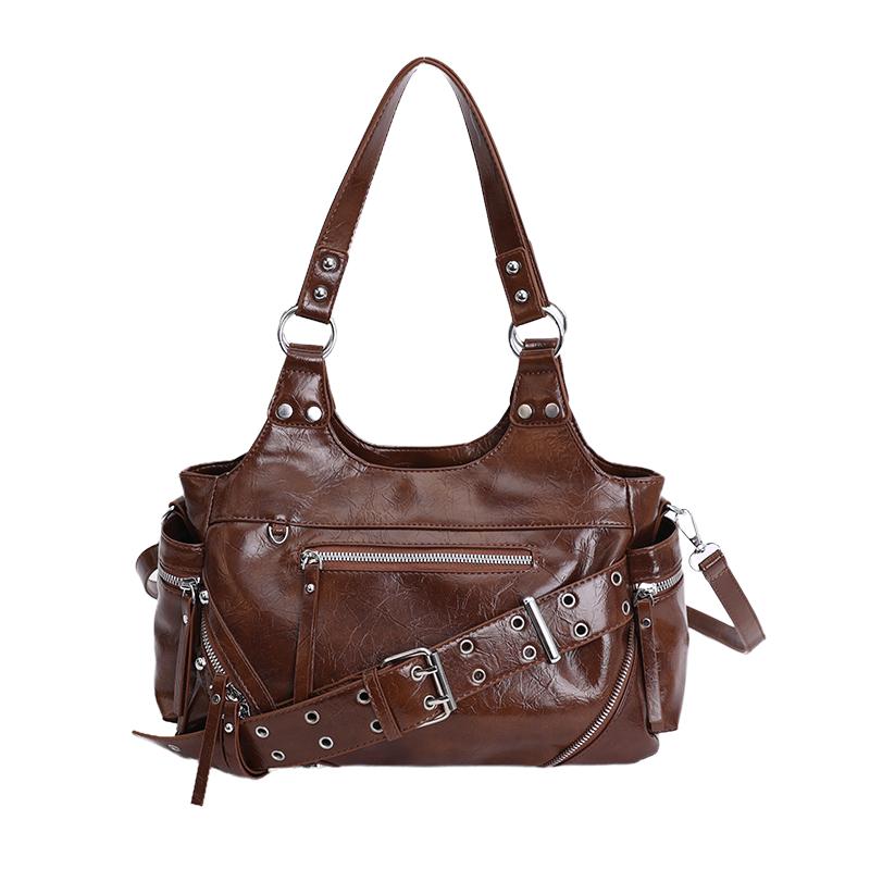Spring Multi Zipper Large Capacity Shoulder Bag for Women 2026 Simple Motorcycle Style Underarm Bag Rivet Retro Commuter Bag
