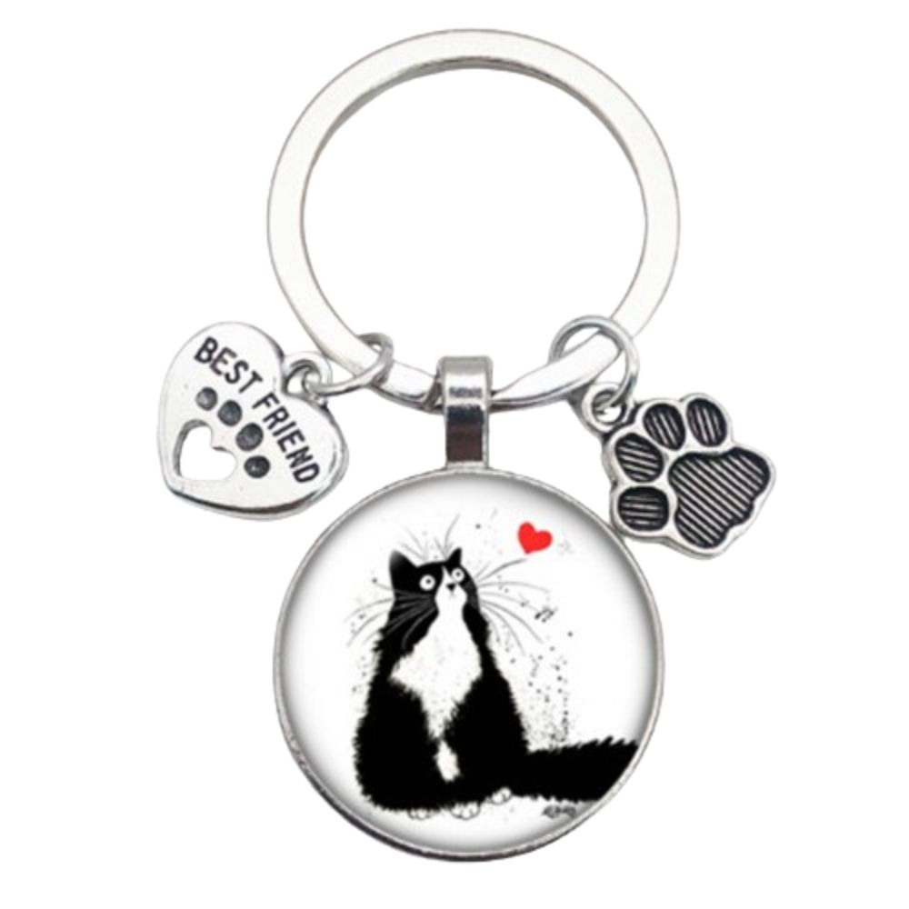 

Metal Glass Cabochon Key Ring Love Cat Pet Footprints Key Holder Car Key Chain Men Women Style 1