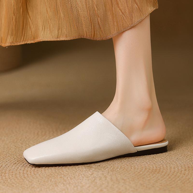 Moda 2025 Verano Zapatos de Mujer Puntera Cuadrada Zapatos Planos Zapatillas Moda Zapatos de Cuero Vacuno para Mujer Mules Casuales para Mujer Sandalias