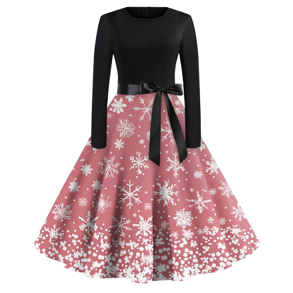 Lässiges und modisches langärmliges Kleid mit R-Ausschnitt und Schneeflocken-Print für Damen