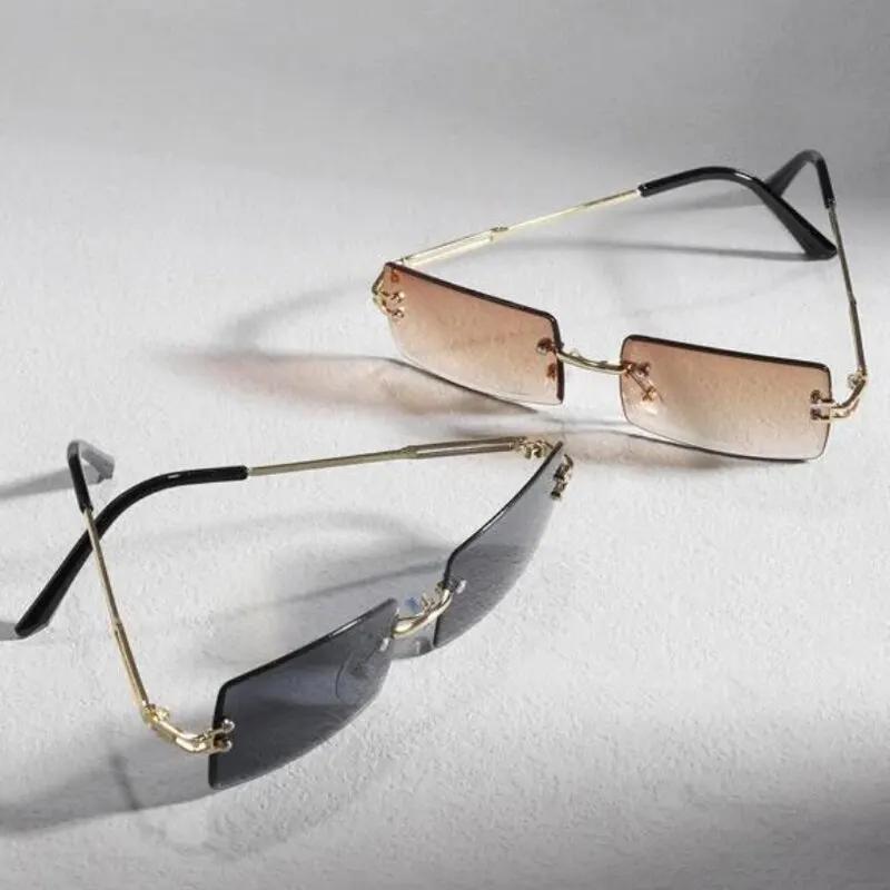 Two-piece PC Square Rimless Sunglasses Fashion Metal Retro Glasses for Men Women